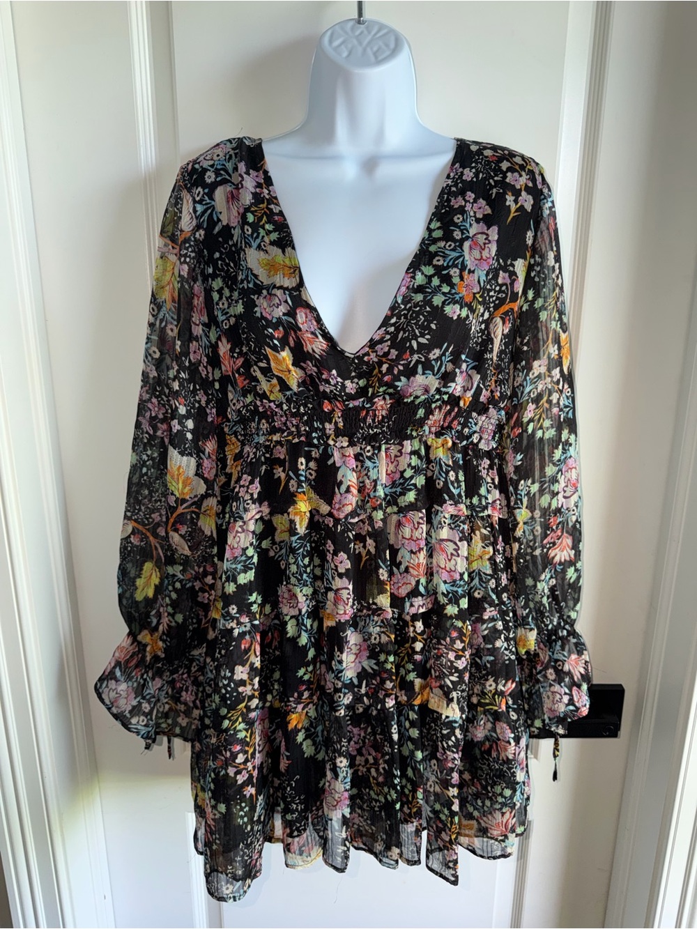 Free People Floral Boho Mini Dress Small Black Sheer Long Sleeve Babydoll